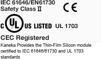 IEC 60646/EN61730 Safety Class2 C UL US LISTED UL1703 CEC Registered